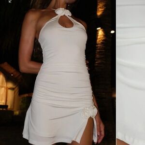 White meshki Adeline rose halter mini dress